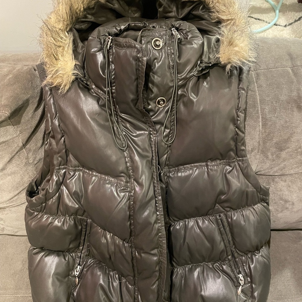 INC Olive Puffer Vest with Faux Fur